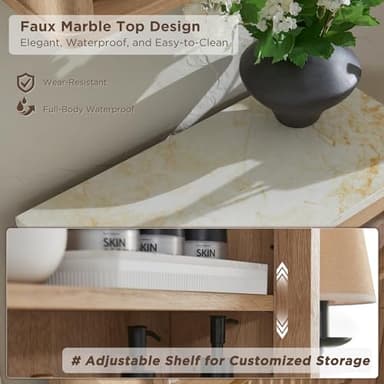 RedLemon Bathroom Wall Cabinet w/Fluted Sliding Door, Modern Medicine Cabinet w/Faux Marble Top & Adjustable Shelf, Curved Profile Wall Mounted Storage Organizer, Natural Oak Color - Image 4