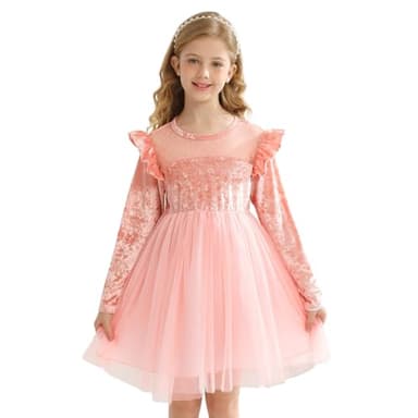 Girl Tulle Dresses Big Girls Velvet Tutu Fall Winter Long Sleeve Ruffle Holiday Party Dress Pink - Image 2