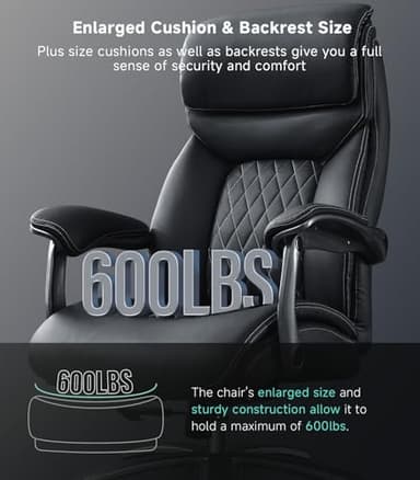 Big and Tall Office Chair with Wide Area Armrest, 600LBS PU Leather Executive Chair, Adjustable Lumbar Support 3'' Double Space Wheel, Managerial Home Desk Heavy Duty Office Chair (Black-A) - Image 3