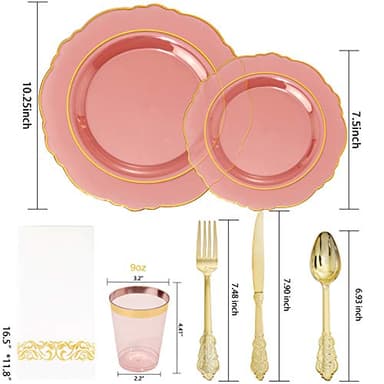 KIRE 210Pcs Clear Pink Plastic Plates with Gold Rim - Disposable Gold Silverware &Pink Cups&Hand Napkin - Plum Colored Plastic Dinnerware for Upscale Wedding - Image 2