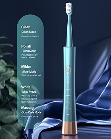 AJELU USB Rechargeable Sonic Electric Toothbrush for Adults, Powered Motor High Vibration Teeth & Gum Care, Soft Dupont Brush Heads, 2 Minutes Timer 5 Modes, Green - Image 2