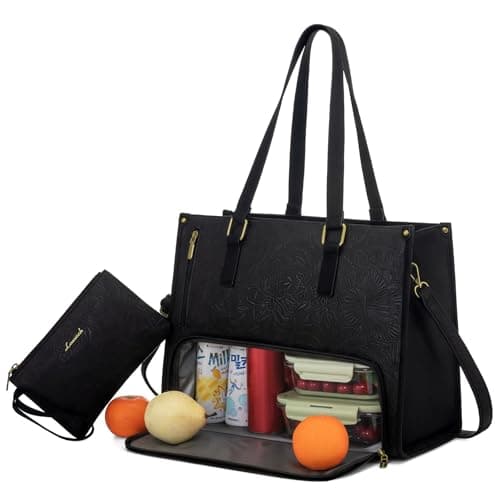 LOVEVOOK Lunch Tote Bag for Women, 15.6 Inch Laptop Bag with Insulated Lunch Compartment, Quilted Large Capacity Computer Handbag with Purse for Business, Work, Collage, Office, Casual, Jet Black - Image 1