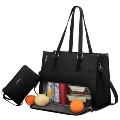 LOVEVOOK Lunch Tote Bag for Women, 15.6 Inch Laptop Bag with Insulated Lunch Compartment, Quilted Large Capacity Computer Handbag with Purse for Business, Work, Collage, Office, Casual, Jet Black - Image 1