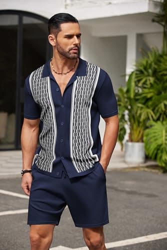 COOFANDY Men's Short Sleeve Knitted Set 2 Piece Vintage Polo Outfits Button Down Casual Suit - Image 3