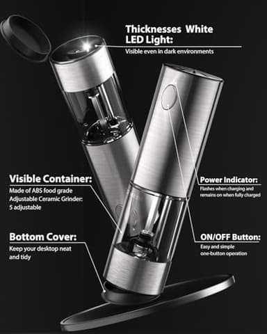 TOMEEM Upgraded Larger Capacity Electric Salt and Pepper Grinder Set Rechargeable with LED lights, Stainless Steel Automatic Pepper and Salt Grinder Refillable with 5 Adjustable Coarseness - Image 7