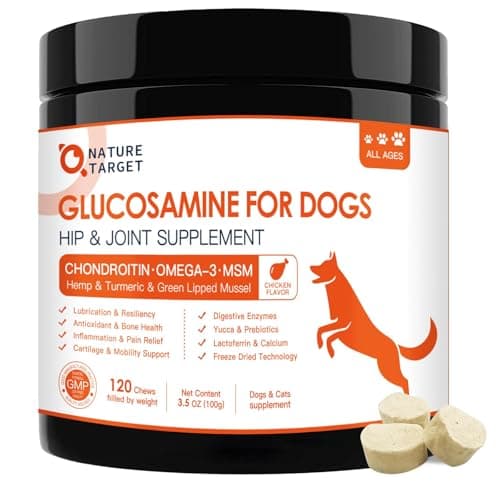 NATURE TARGET Glucosamine Joint Supplement for Dogs, Chondroitin, Omega-3, MSM, Hemp, Turmeric for Pain Relief, Dog Joint Supplement with Calcium for Bone Health, 120 Chicken Flavored Crunchy Chews - Image 1