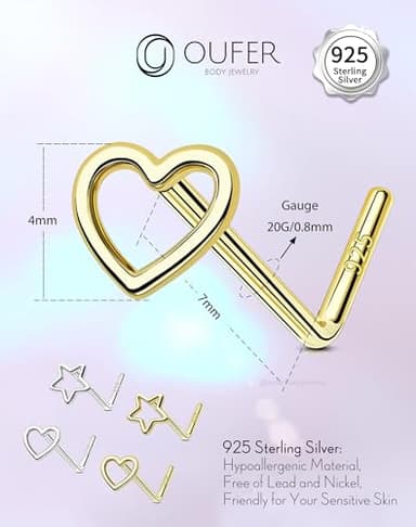OUFER 925 Sterling Silver Gold Nose Rings, Heart Nose Studs For Women, Cute Nose Nostril Piercing Jewelry, L-Shaped 20G Nose Rings Studs-Gold Heart - Image 4