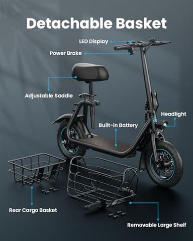 Gyroor Adults Electric Scooter with Large Middle Basket, 550W Motor 18.6 MPH 20 Mile Distance, Foldable E-Scooter with seat for Pets & Cargo, C1S-FP9 - Image 3
