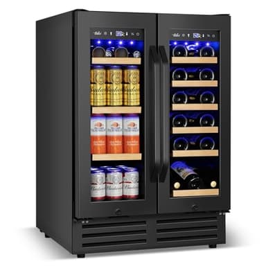Wine and Beverage Refrigerator Black, 24 Inch Beverage Cooler Under Counter Dual Zone with Glass Door&Lock, 18 Bottles and 68 Cans Large Capacity for Beer Soda Drink, Built-In or Freestanding Fridge - Image 1