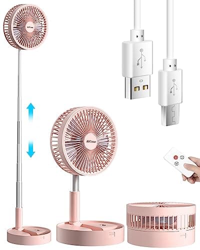 AICase Stand Fan,Folding Portable Telescopic Floor/USB Desk Fan with 7200mAh Rechargeable Battery,4 Speeds Super Quiet Adjustable Height and Head Great for Office Home Outdoor Camping-pink - Image 1