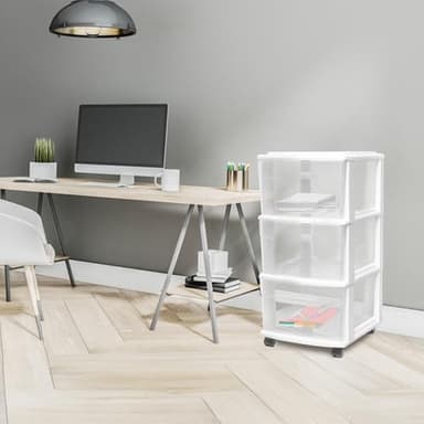 HOMZ Drawer Tower, 3-Tier Clear Plastic Storage Organizer Cart, White Frame - Heavy-Duty Organizing Drawers for Home, Bedroom, and Closet Organization - Image 2