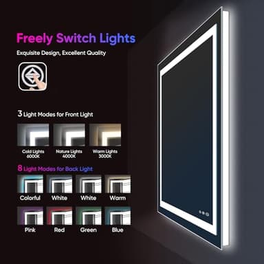 Antok 28"x 60" LED Bathroom Mirror with Lights, Anti-Fog, Dimmable, Lighted Vanity Mirror with Tempered Glass, Memory Function, 11 Light Modes, Safe Use, Horizontal, Vertical - Image 8