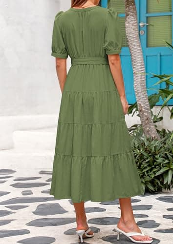 PRETTYGARDEN Summer Dresses for Women 2025 Elegant Classy Short Sleeve V Neck Ruffle A Line Belted Long Beach Vacation Dress (Cyan,Medium) - Image 2