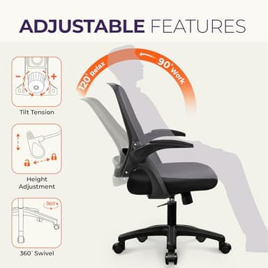 NEO CHAIR Office Desk Computer Gaming Ergonomic Chair with Lumbar Back Support Adjustable Height Swivel Wheels Flip-up Arms Mesh Chair for Home or Office (Black) - Image 5