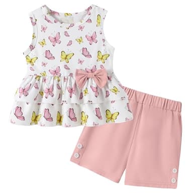 YUEMION Toddler Girl Clothes, 2Pcs Baby Girl Summer Outfits Sleeveless Bow Knot Tank Shirts Tops + Shorts Clothing Sets(Butterflies+ Pink, 4-5T) - Image 1