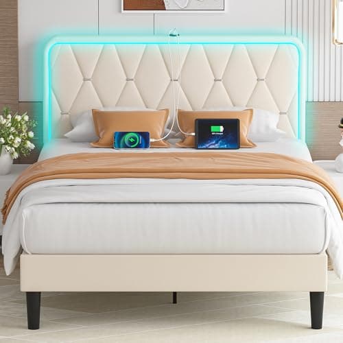 VECELO Upholstered Queen Bed Frame with Headboard Adjustable, Velvet Platform Beds with LED Lights, Charging Station, Mattress Foundation with Wooden Slats, Noise Free, No Box Spring Needed, Soft Grey - Image 1