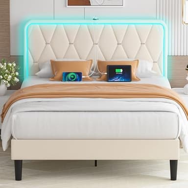 VECELO Upholstered Queen Bed Frame with Headboard Adjustable, Velvet Platform Beds with LED Lights, Charging Station, Mattress Foundation with Wooden Slats, Noise Free, No Box Spring Needed, Soft Grey - Image 1