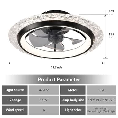 KINDLOV Modern Ceiling Fans with Lights, 19.7" Flush Mount Ceiling Fan with Dimmable Light and Remote,6-Speed Wind for Bedroom,Living Room,Low Profile Ceiling Fan with Light,Black - Image 2