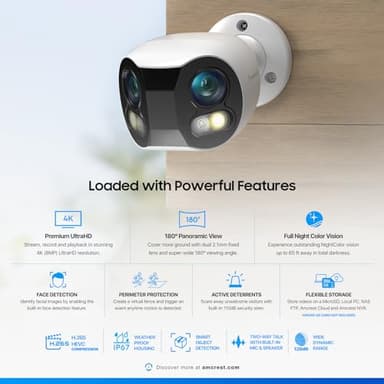 Amcrest Dual-Lens 4K (8MP) Outdoor Security POE Camera, 2 x 4MP Lenses PoE AI Bullet IP Camera, 65ft Night Color, Face Detection, Panoramic 180° FOV, 4K@15fps IP8M-DLB2998EW-AI (White) - Image 2