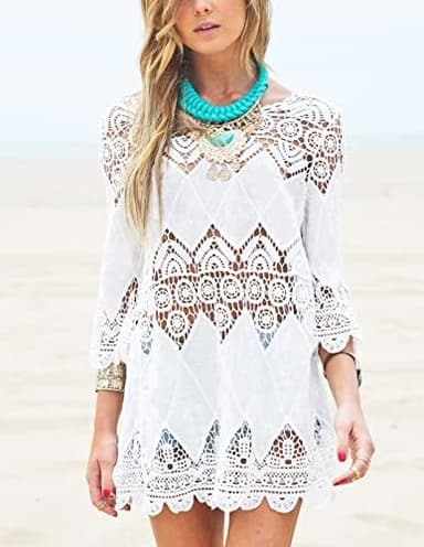 Women's Bathing Suit Cover Up Lace Crochet Tunic Bikini Beach Dress (M, White - Image 4