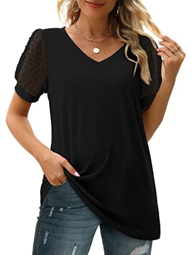 Aokosor Womens Tops Dressy Casual Short Sleeve V Neck T Shirts Trendy Summer Anthropologie Clothes Old Money Black L - Image 3
