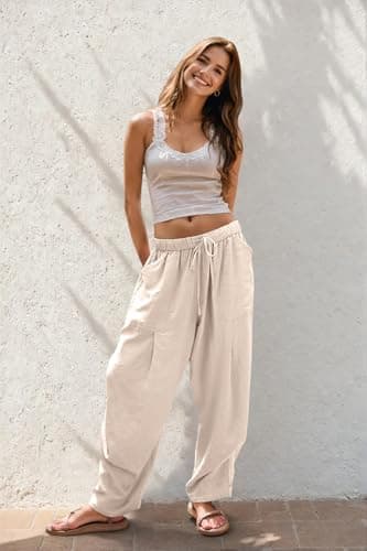 TARSE Women Linen Pants Summer Boho Wide Leg Drawstring with Pockets, HeatherLightKhaki, L - Image 4