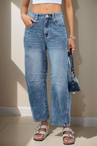 Allimy Womens Jeans High Waisted Mid Rise Baggy Loose Fit Ankle Barrel Leg Y2K Boyfriend Horseshoe Cropped Wide Leg Jeans for Women Trendy 2025 Denim Capri Pants Women Blue Size 4 - Image 6