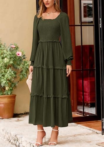 PRETTYGARDEN Fall Dresses for Women 2025 Long Sleeve Smocked Square Neck Swiss Dot Tiered Flowy Wedding Guest Maxi Dress (Army Green,Large) - Image 3