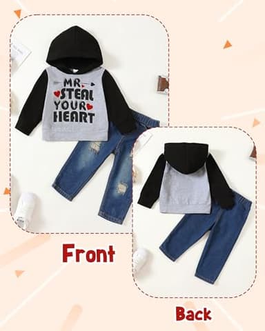 NZRVAWS Toddler Baby Boy Clothes Infant Hoodie Grey Letter Print Sweatshirt Denim Ripped Jeans Pants Outfit Set Kids Sweatsuit Fall Winter 12 18 Months - Image 3