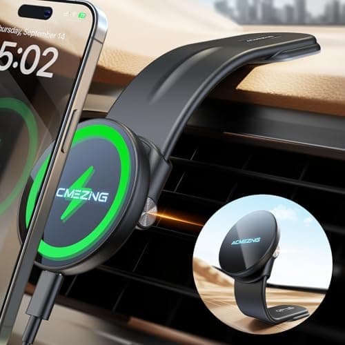 ACMEZING for 15W MagSafe Car Mount Charger, 360% Adjustable Aluminum Alloy Arm, Relocatable Car Phone Holder, Magnetic Wireless Fast Charging, Cell Phone Holder for All Car Models, Black - Image 1