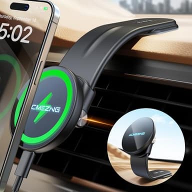 ACMEZING for 15W MagSafe Car Mount Charger, 360% Adjustable Aluminum Alloy Arm, Relocatable Car Phone Holder, Magnetic Wireless Fast Charging, Cell Phone Holder for All Car Models, Black - Image 1