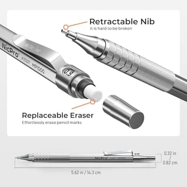 Nicpro 0.9 mm Metal Mechanical Pencil Set with Case, with 3PCS MP1000 0.9mm Drafting Pencil, 8 Tubes HB Lead Refills, 3PCS Eraser, Erasers Refills for Artist Writing, Drawing, Sketching, Silver - Image 3