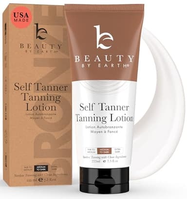 Beauty by Earth Self Tanner - USA Made with Natural & Organic Ingredients, Moisturizing Self Tanning Lotion with Aloe Vera & Coconut for a Natural Glow, Streak-Free Fake Tan, Medium to Dark - Image 1