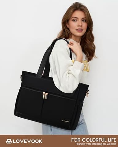 LOVEVOOK Upgrade Version Work Bags for Women 15.6 Inch Laptop Bag Large Capacity Mutiple Pockets Teacher Bag Water Resistant Canvas Tote Bag Purse for Office Travel College Nurse Teacher, Black - Image 2