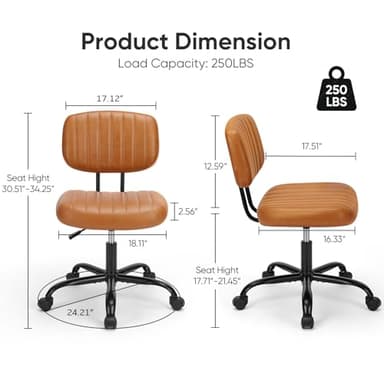DUMOS Small Armless Home Desk Chair with Low Back Lumbar Support, Height Adjustable PU Leather Computer Task with 360° Swivel Wheels, for Small Space, Kids and Adults, Brown - Image 2