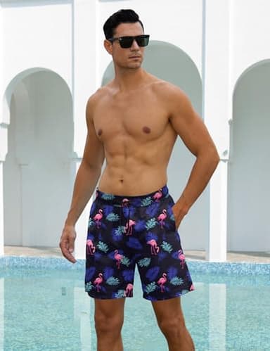 Cozople Mens Swim Shorts with Compression Liner Swim Trunks 7 Inch Inseam 2 in 1 Beach Board Shorts Flamingo Bathing Suit Summer No Chafe Athletic Shorts for Running M - Image 2