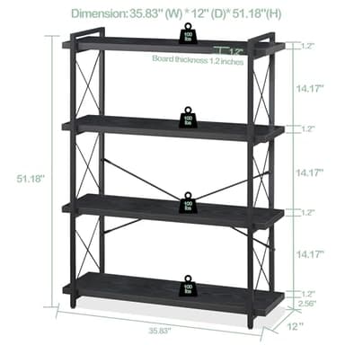HCHQHS Bookshelf, 4-Tier Industrial Bookcase, Black Open Book Shelf, Freestanding Tall Bookshelves with Metal Frame - Image 3