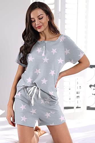 WIHOLL Pajama Sets for Women 2 Piece Outfits Henley Shirts Sleepwear Set Star Print-Grey 2XL - Image 2