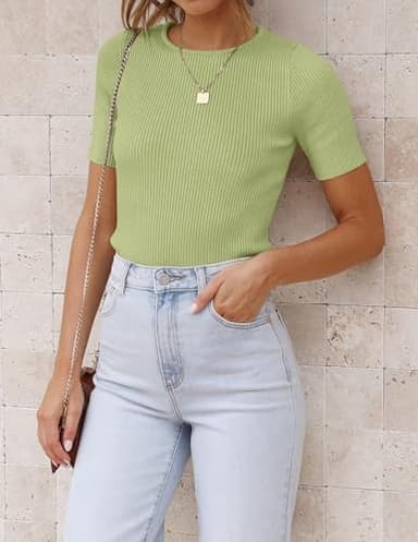 ZESICA Women's Short Sleeve Sweater Tops 2025 Summer Crewneck T Shirt Ribbed Knit Slim Fit Basic Solid Color Tee,MossGreen,Medium - Image 2