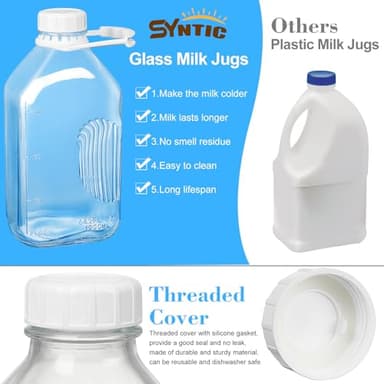Syntic 4 Pack 2 Qt Glass Milk Bottles with Handle and Airtight Reusable Screw Lids, 1/2 Gal Glass Water & Juice Bottles with 2 Pour Spouts, 64 Oz Milk Jug Pitcher w Scale - Image 5