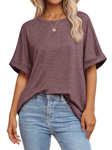 ATHMILE Tshirts Shirts for Women Loose Fit Crewneck Short Sleeve Summer Casual Blouse 2025 Y2K Tee Tops Wine Red - Image 1