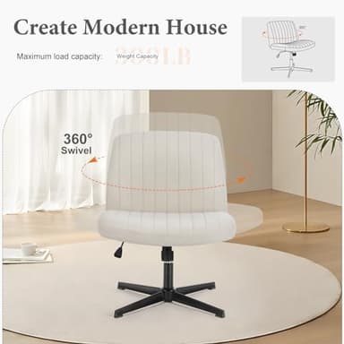 Sweetcrispy Criss Cross Chair Legged, Armless Office Wide Desk Chair No Wheels, Swivel Vanity Height Adjustable Fabric Modern Computer Task Seating for Home - Pearl White - Image 5