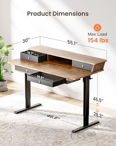 ErGear Electric Standing Desk with 4 Drawers, 55" x 30" Height Adjustable Desk with Storage, C-Clamp Mount Compatible, Computer Home Office Table with Cable Management Tray, Vintage Brown - Image 3