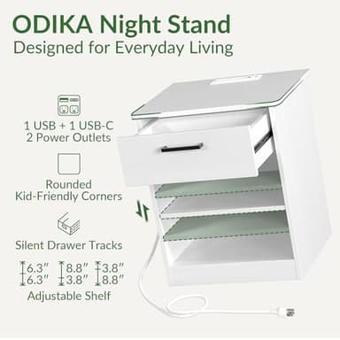 ODIKA Everyday Side Table with Fast Charging Station - USB C Cable Fast Charging, Wooden White Nightstand Bedside Table with Drawer, End Table with Optional Adjustable Shelf for Bedroom, Set of 1 - Image 8