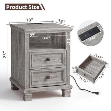 SAVOR LIFE Farmhouse Nightstand Set of 2 with Charging Station, Rustic Grey Nightstand,2 Drawers End Table for Living Room,Bedside Table with Open Shelf for Bed Room,Grey - Image 3