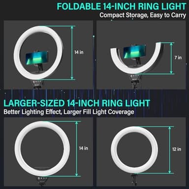 UBeesize 14'' Foldable Ring Light with 62'' Tripod Stand and Phone Holder, LED Selfie RingLight for iPhone with Remote, Circle Light for Tiktok/YouTube/Photography/Makeup/Live Stream - Image 2