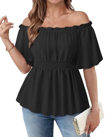 Bebonnie Off The Shoulder Tops: Blouses for Women Dressy Casual - Work Tops for Women Trendy - Ladies Trendy Cute Summer Spring Short Sleeve Polyester Blouse Flowy Peplum Tunics Black L - Image 3