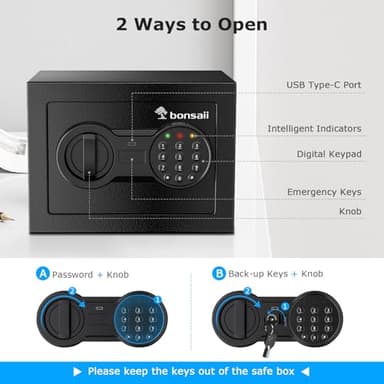 Bonsaii Safe Box with Electronic Keypad, Steel Security Lock Box with Key, 0.23 Cubic Feet, 9.06" W x 6.69" D x 6.69" H, Small Hidden Safe for Cash Jewelry - Image 4