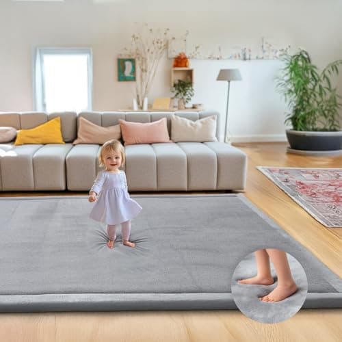 Large Thick 1.3" Thick Baby Play Mat for Floor, Padded Foam 79x71 Playpen Mat for Tummy Time, Soft Velvet for Babies, Toddlers, Infants, Kids, Baby-Safe & Non-Slip for Crawling, Gray - Image 1