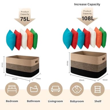 OIAHOMY Large Blanket Basket, 22”x17”x12” Rectangle Woven Baskets, Nursery Blanket Storage Living Room, Toy Storage With Handle, Large Baskets for Organizing-Yellow Black - Image 3